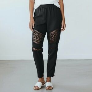 BCBGMaxAzria Black Geometric Sheet Mesh Cut Outs Pull-On Trousers